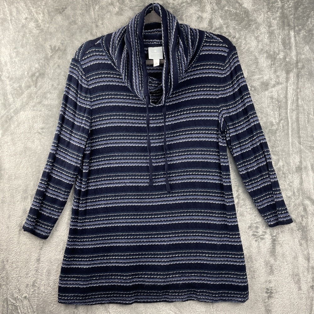 Sunday Cowl Funnel Neck Top Womens Medium Blue Striped Beachy Coastal Pullover